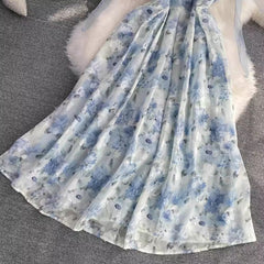 floral chiffon A-line dress vacation long skirt S3979
