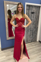 Wine Red Strapless Mermaid Appliques Long Prom Dress with Slit S3875