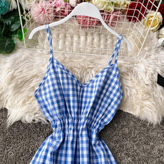 beach dress vacation dress, ruffled sleeveless long skirt V-neck suspender plaid dress S4244