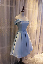 Light Blue Off Shoulder Satin Bridesmaid Dress, Blue Short Formal Dress S3233