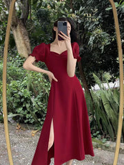 red dress for women new style puff sleeve slit long skirt S3465