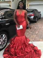 Glamorous Red Mermaid Sequin Sheer Illusion Sleeveless Long Prom Dress S3827