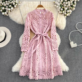 fashionable long-sleeved lace dress elegant long skirt S4069