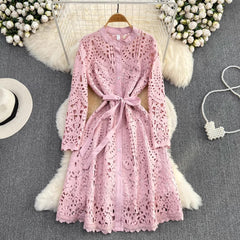 fashionable long-sleeved lace dress elegant long skirt S4069