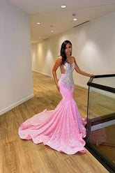 Pink Sequins V-Neck Beading Mermaid Prom Dress S3746