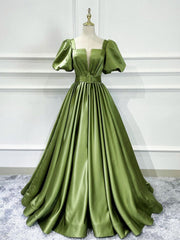 green satin long prom dress, green satin evening dress S3541