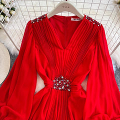 lantern long-sleeved V-neck A-line chiffon pleated dress elegant long skirt S3982