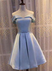 Light Blue Off Shoulder Satin Bridesmaid Dress, Blue Short Formal Dress S3233
