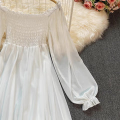 Bohemian white long skirt lantern sleeves square neck chiffon A-line skirt dress S3916