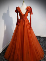 V Neck Tulle Brick Red Long Prom Dresses, Simple Formal Gown Graduation Dresses S3011