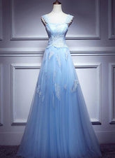 Lovely Light Blue Lace Applique Tulle Prom Dress, Blue Junior Party Dress Formal Dress S3346