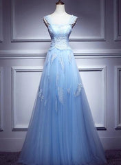 Lovely Light Blue Lace Applique Tulle Prom Dress, Blue Junior Party Dress Formal Dress S3346