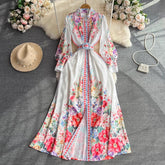 Retro lantern sleeves a-line printed dress elegant dress long skirt S3935