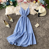 beach dress vacation dress, ruffled sleeveless long skirt V-neck suspender plaid dress S4244