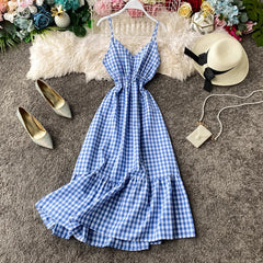 beach dress vacation dress, ruffled sleeveless long skirt V-neck suspender plaid dress S4244