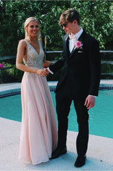V-Back Beading Chiffon Long Prom Dress S3564
