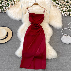 tube top skirt pleated sleeveless backless A-line dress elegant slit long skirt S3932