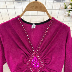 long-sleeved diamond-studded V-neck A-line dress elegant long skirt S4089