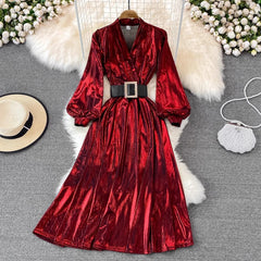 A-line long skirt with high waist and lantern sleeves V-neck metallic dress S4135