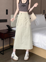 workwear skirt for women summer new mid-length high-waist drawstring a-line long skirt S3416