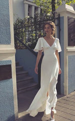 Open Back Beach Wedding Dress, V-neck Slit Wedding Gown S3373