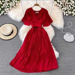 V-neck short-sleeved dress pleated long skirt S4030