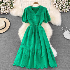 V-neck A-line dress elegant long skirt S4356