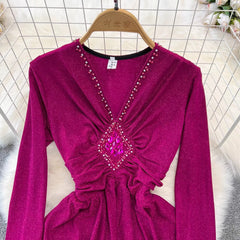 long-sleeved diamond-studded V-neck A-line dress elegant long skirt S4089