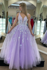 Lilac Tulle A-line V Neckline Backless Applique Long Prom Dress S3817