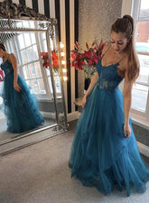 Long Prom Dresses A Line Blue Tulle Lace Appliques Formal Evening Dresses S4052