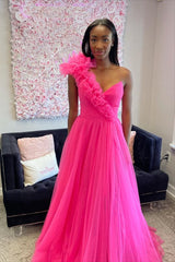 One Shoulder Hot Pink Pleated Long Formal Dress S3629