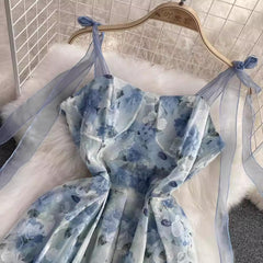 floral chiffon A-line dress vacation long skirt S3979