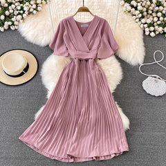 V-neck short-sleeved dress pleated long skirt S4030