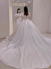 V-neck Puff Sleeves Newest Wedding Dresses, Luxury A-line Bridal Gowns S3556