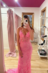 Pink Floral Lace Plunge V Mermaid Long Formal Dress S2676