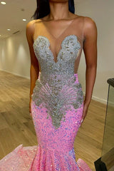Pink Sequins V-Neck Beading Mermaid Prom Dress S3746