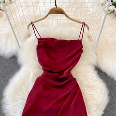 tube top skirt pleated sleeveless backless A-line dress elegant slit long skirt S3932