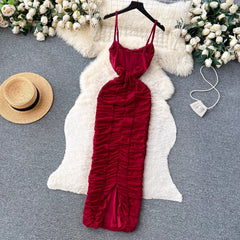 Sexy suspender dress women's pleated hot girl long skirt S4555