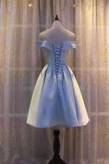 Light Blue Off Shoulder Satin Bridesmaid Dress, Blue Short Formal Dress S3233