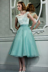 Retro Vintage Style Lace Organza Tea Length Wedding Prom Formal Dress S2652