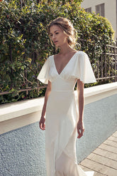 Open Back Beach Wedding Dress, V-neck Slit Wedding Gown S3373