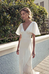 Open Back Beach Wedding Dress, V-neck Slit Wedding Gown S3373