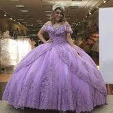 V Neck Off The Shoulder Asymmetrical Puffy Skirt Ball Gown Prom Formal Dresses with Sleeves S3830