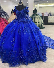 Royal Blue A-Line Ball Gown Long Prom Dresses, Blue Evening Dresses S3354
