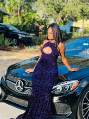 Sexy Mermaid Style Real Sample Cut Out Sparkly Purple Sequined Black Girls Elegant Long Prom Dresses S3869