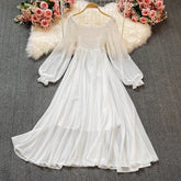 Bohemian white long skirt lantern sleeves square neck chiffon A-line skirt dress S3916