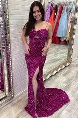 Fuchsia Sequin Keyhole Mermaid Long Prom Dress with Slit S3154
