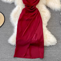 tube top skirt pleated sleeveless backless A-line dress elegant slit long skirt S3932