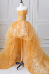 Orange Tulle Strapless High Low Lace Long Prom Dresses, High Low Orange Formal Evening Dresses S3042