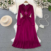 long-sleeved diamond-studded V-neck A-line dress elegant long skirt S4089